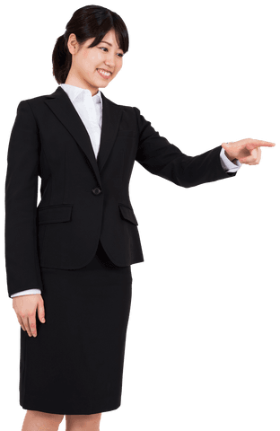 Transparent Smiling Businesswoman Pointing in Formal Attire