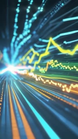 Racing Neon Light Trails and Pulsing Waveforms Through Futuristic Data Tunnel