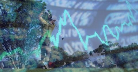 Swinging golfer with cyan financial chart overlay double exposure sport finance concept