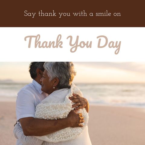 Senior couple embracing at beach during thank you day