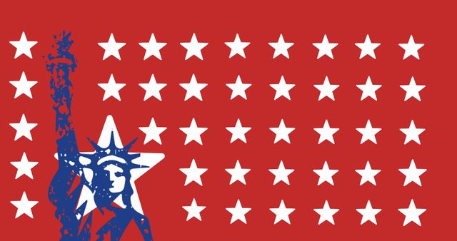 Illustrative image of blue statue of liberty with red star shapes against red background, copy space. Vector, monument, patriotism, freedom and celebration concept.