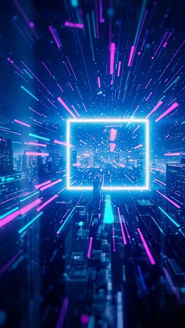 Vertical Neon Square Portal Drawing Camera Through Cyberpunk City With Magenta Cyan Light Streaks
