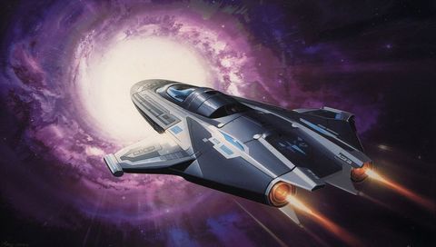 Sleek starship soaring toward luminous nebula with glowing thrusters and aerodynamic hull