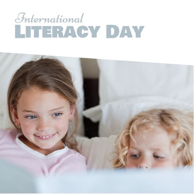 Digital image of caucasian sisters reading book with international literacy day text, copy space. Importance of literacy, education, matter of dignity and human rights, sustainable society.