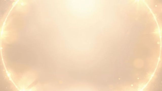 Golden radiant halo ring with soft bokeh, sparkling flare and elegant beige glow