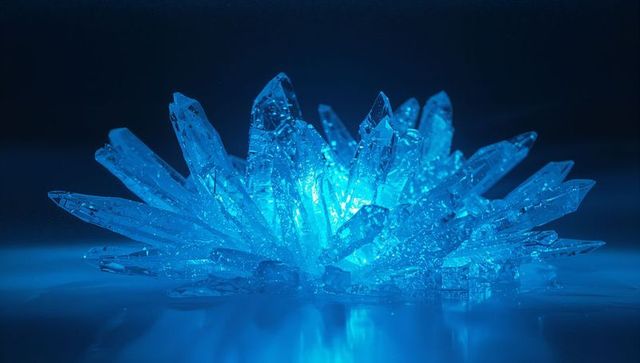 Translucent blue crystals glowing vibrantly on reflective surface