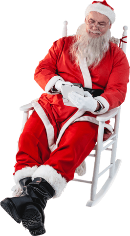 Santa claus relaxing with digital tablet in transparent background