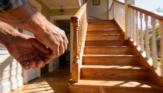 Senior man clasping hands at sunlit foyer, rolled-plaid cuff, warm wooden staircase