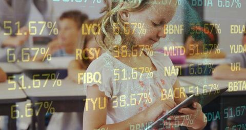 Young girl tapping tablet while learning in classroom with futuristic data overlay