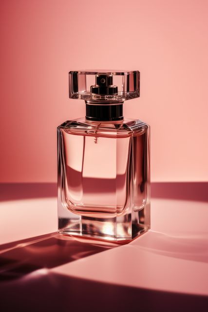 Elegant glass perfume bottle standing against pink background highlights luxury and sophistication. Ideal for luxury brands, beauty products, cosmetic advertising, or lifestyle blogs focused on fragrance reviews.