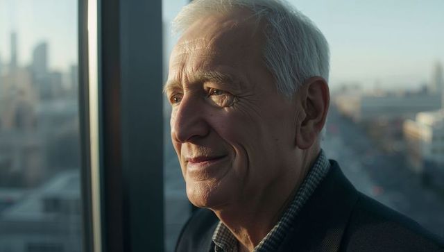 Senior man gazing out high-rise window over cityscape, contemplative corporate portrait