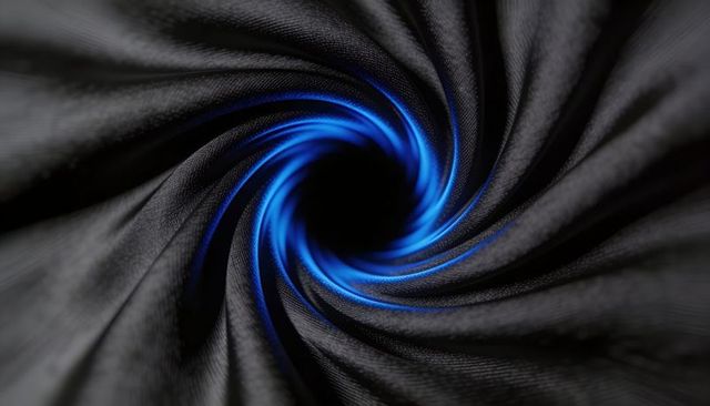Twisting black fabric spiral glowing blue core textured weave dramatic macro background