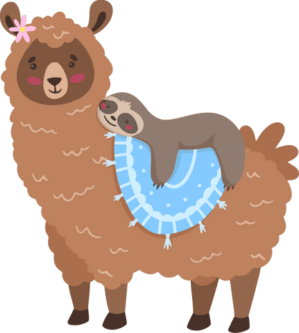 Adorable alpaca with sloth on blanket, transparent illustration