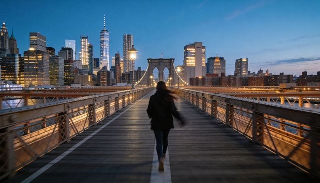 Walking toward manhattan skyline at dusk on brooklyn bridge, city lights glowing