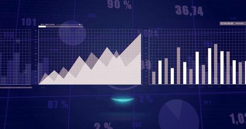 Displaying futuristic analytics dashboard with dual charts, neon blue HUD metrics