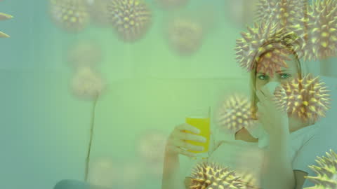 Sick Woman on Couch with Visual COVID-19 Cell Overlay