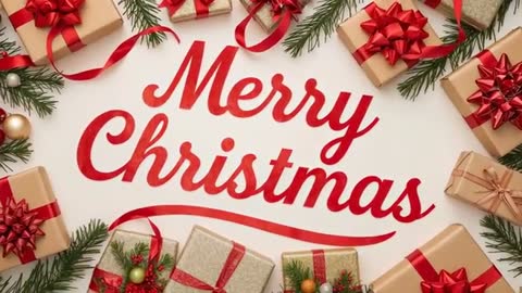 Slow Zoom on Red Script Merry Christmas Greeting Framed by Gold Gifts and Evergreen Sprigs