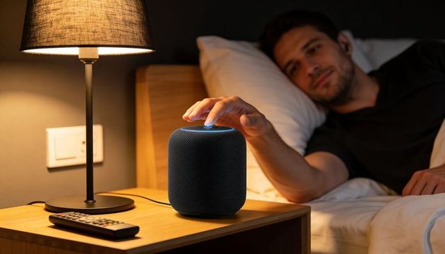 Man reclining in bed reaching for smart speaker with voice assistant on bedside table at night