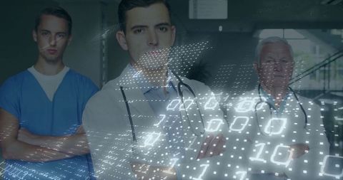 Medical team awaiting future with digital binary data