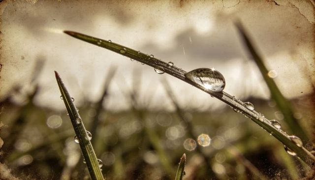 Diagonal grass blade holding large dew droplet reflecting meadow with warm vintage vignette