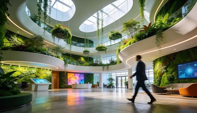 Businessman walking through biophilic office atrium with hanging plants and skylights