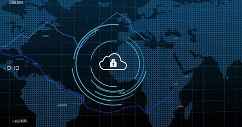 Global cloud security visualizing locked cloud icon with concentric data rings over digital world ma