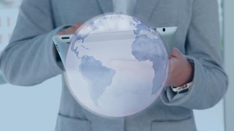 Businessman Interacting with Digital Globe overlay on Tablet