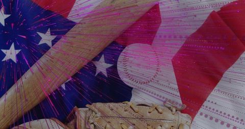 Baseball gear on american flag with magenta fireworks overlay