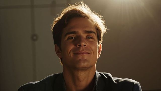 Confident young man smiling and looking forward in warm cinematic rim-lit blazer portrait