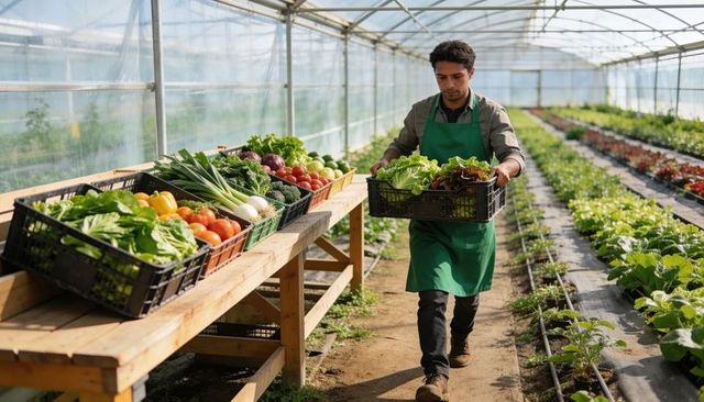 Urban farmer carrying fresh harvest crates through sunlit greenhouse aisle