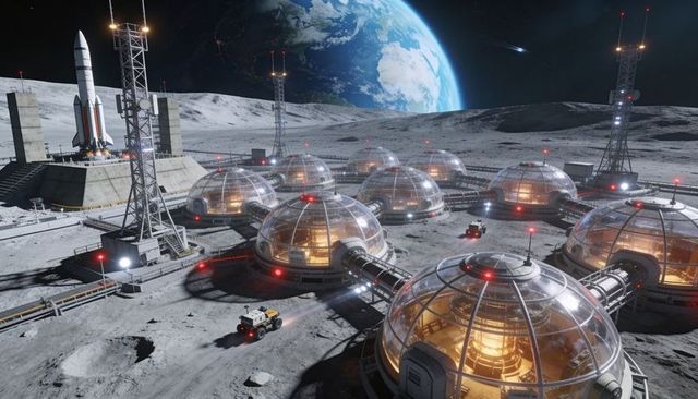 Lunar Dome Colony Under Earthrise with Connected Habitats, Rovers and Launchpad, Gantry
