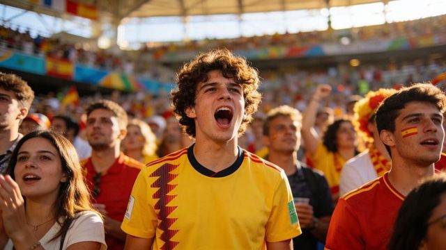 Young fan cheering loudly in yellow jersey at stadium during soccer match with painted flag face