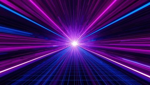 Racing Through Neon Hyperspeed Tunnel Toward Magenta Light Burst Over Cyber Grid