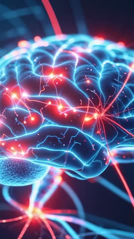 Vertical Video of Brain Model Pulsating with Glowing Red Nodes and Blue Neural Filaments