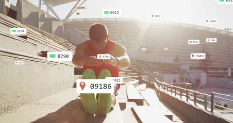 Man Stretching on Stadium Bleachers with Digital Metrics Icons