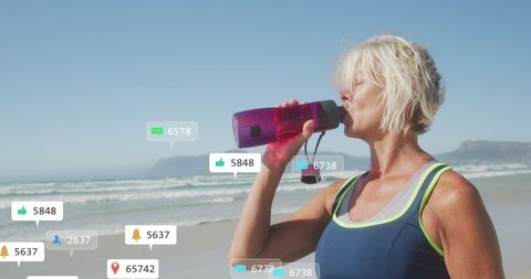 Fit Mature Woman Drinking Water on Beach with Social Media Overlay