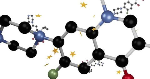 Curving ball-and-stick molecular model with colorful atoms and sparkling gold stars