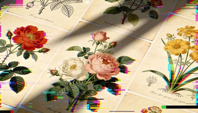 Vintage botanical plates showing pale-pink white roses, yellow blooms and rgb glitch