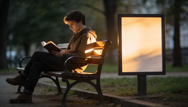 Young man reading on park bench at dusk backlit by warm billboard glow quiet solitude