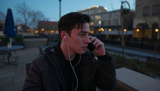 Young man talking on phone at twilight outdoor plaza wearing earphones, urban evening mood