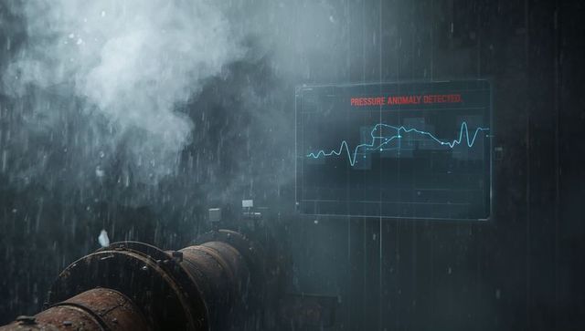 Rusted industrial pipeline running through wet corridor showing holographic pressure anomaly alert