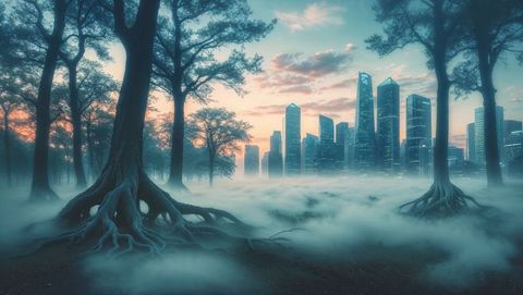 Surreal Misty Forest with Skyscraper Skyline at Dawn