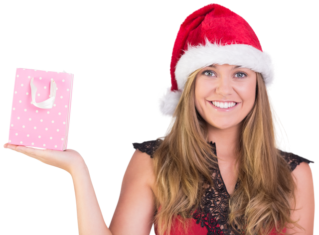 Smiling Woman with Gift Bag Wearing Santa Hat on Transparent Background - Download Free Stock Videos Pikwizard.com