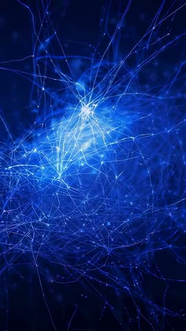 Vertical Futuristic Neural Network Visualization Pulsing Blue Nodes Luminous Filaments