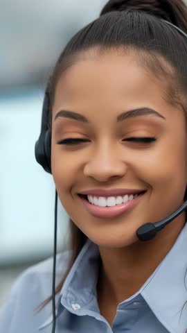 Vertical video: Smiling customer service agent speaking into headset mic, closeup portrait