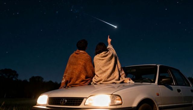 Couple sitting on car hood watching shooting star over meadow during romantic starry night