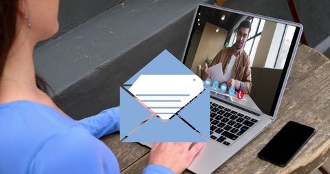 Video Call on Laptop with Digital Communication Overlay