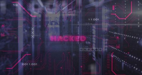 Glowing HACKED text overlaying server racks signaling cybersecurity breach with neon circuitry