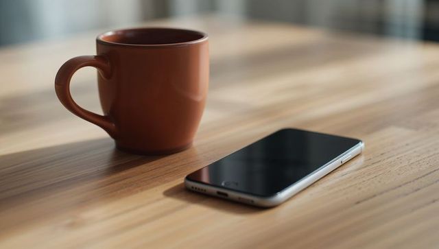 Brown ceramic coffee mug resting beside smartphone on wood table with warm morning light
