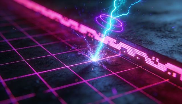 Cyan energy bolt striking magenta neon grid on dark metal floor, futuristic cyberpunk